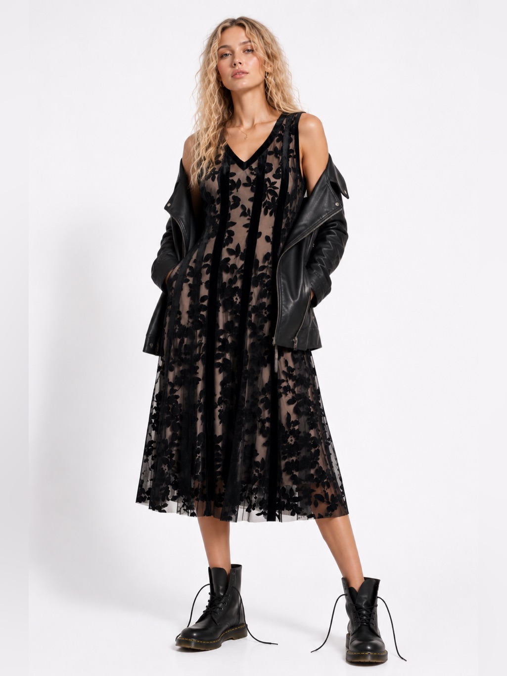 Taylor Black Velvet Floral Sheer Midi Dress Size 2